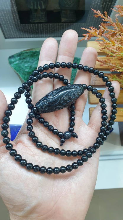 Black Jade Ru Yi Matinee Necklace 28inch Type A Natural Myanmar Jadeite