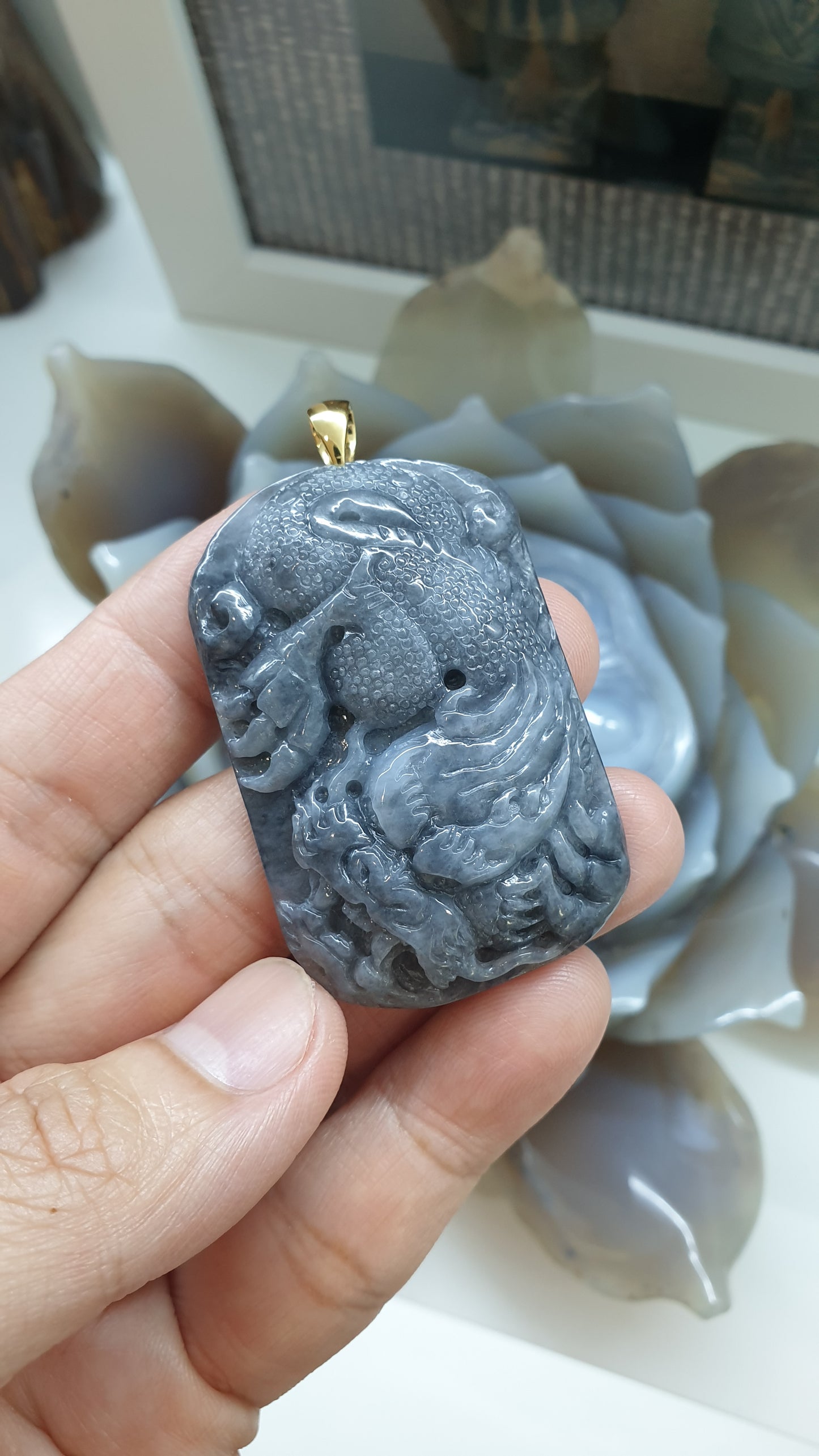 Gents Style Genuine Gray Jade Dragon Pendant 🐉| 9K Gold Bail | Type A Natural Jadeite