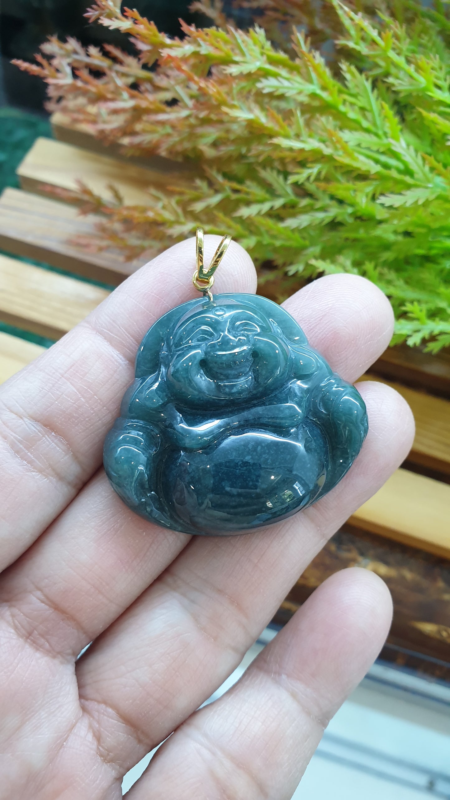 14K Solid Gold Jade Budai Prosperity Pendant Type A Natural Blue Jadeite
