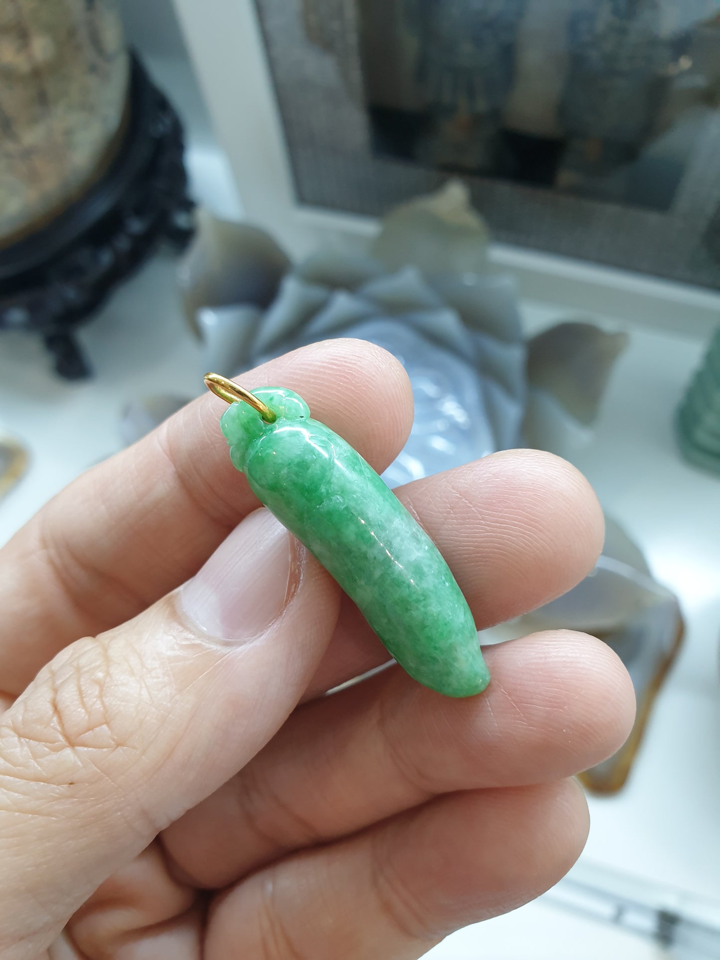 Green Jade Lucky Charm Pendant | 9K Gold Bail | Fei Cui Natural Jadeite