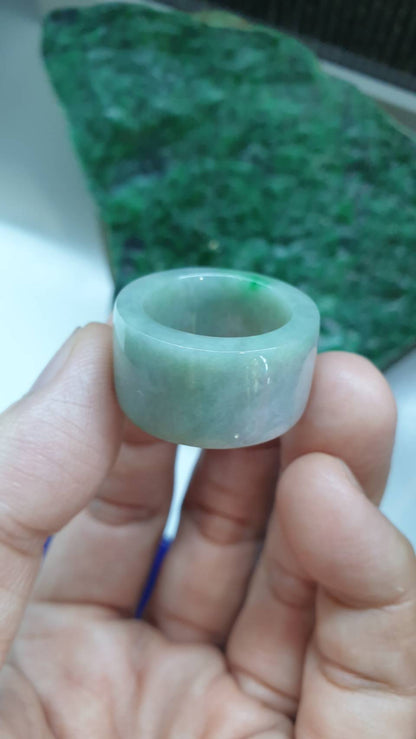 Green Jade Archers Ring 9US Elegant Gray Tone Type A Natural Myanmar Jadeite