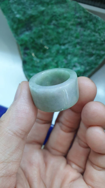 Green Jade Archers Ring 9US Elegant Gray Tone Type A Natural Myanmar Jadeite