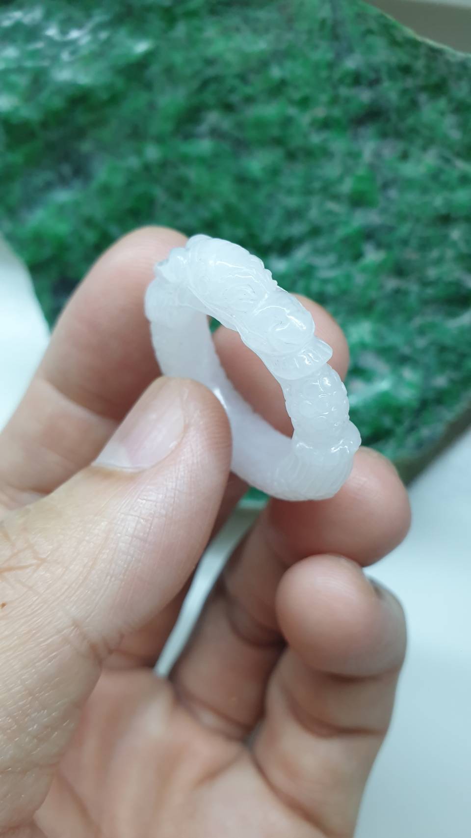 White Jade Dragon Auspicious Ring 9US Myanmar Type A Natural Jadeite