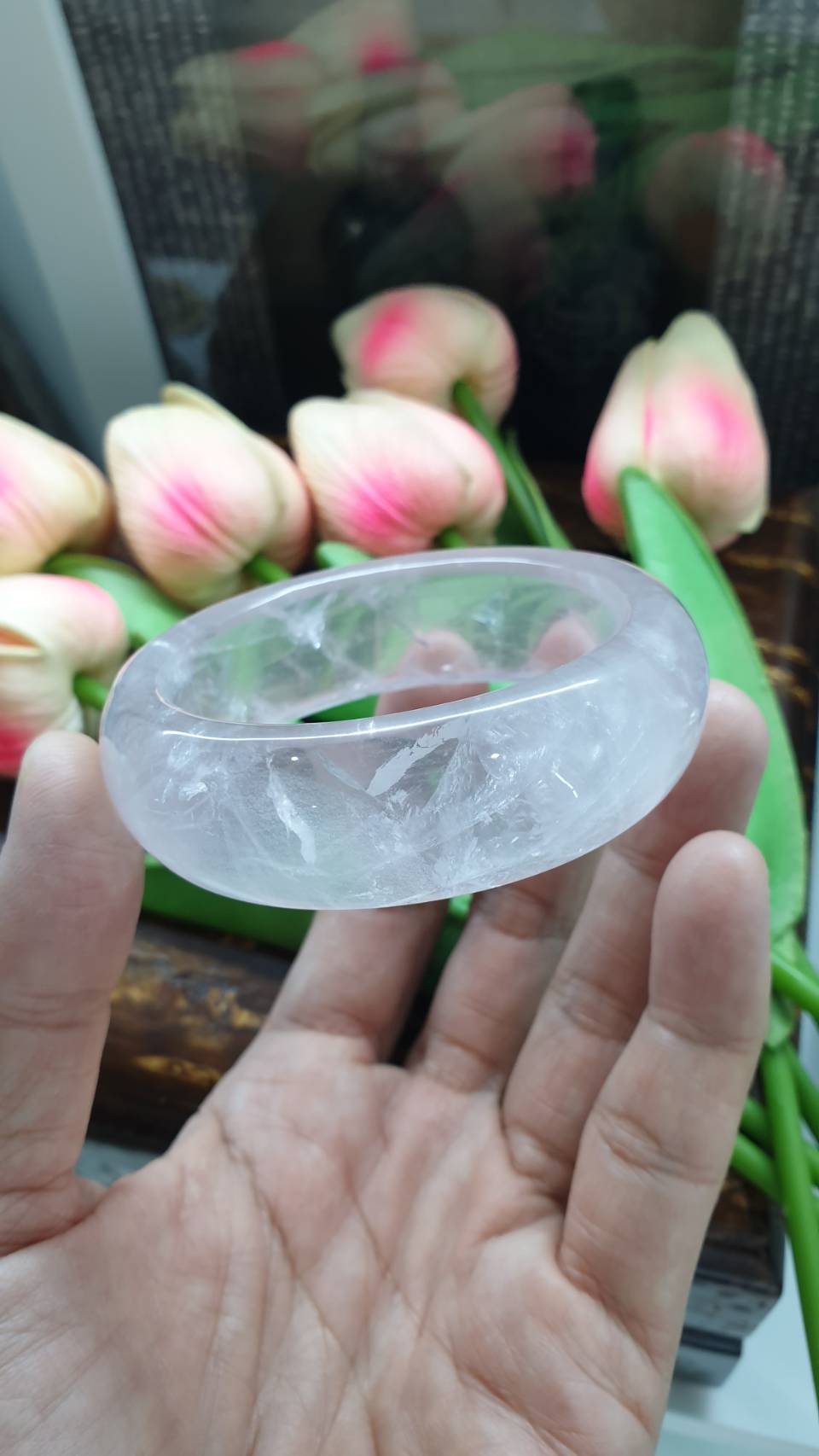 Rosy Clear Quartz Bangle (Size 55 - 56) | Natural Stone Bracelet