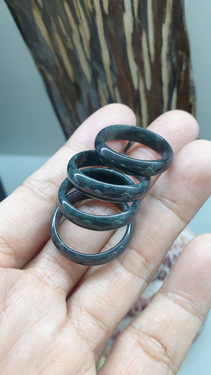 Type A Natural Black Jadeite Slim Band Ring US 12 to 13.25