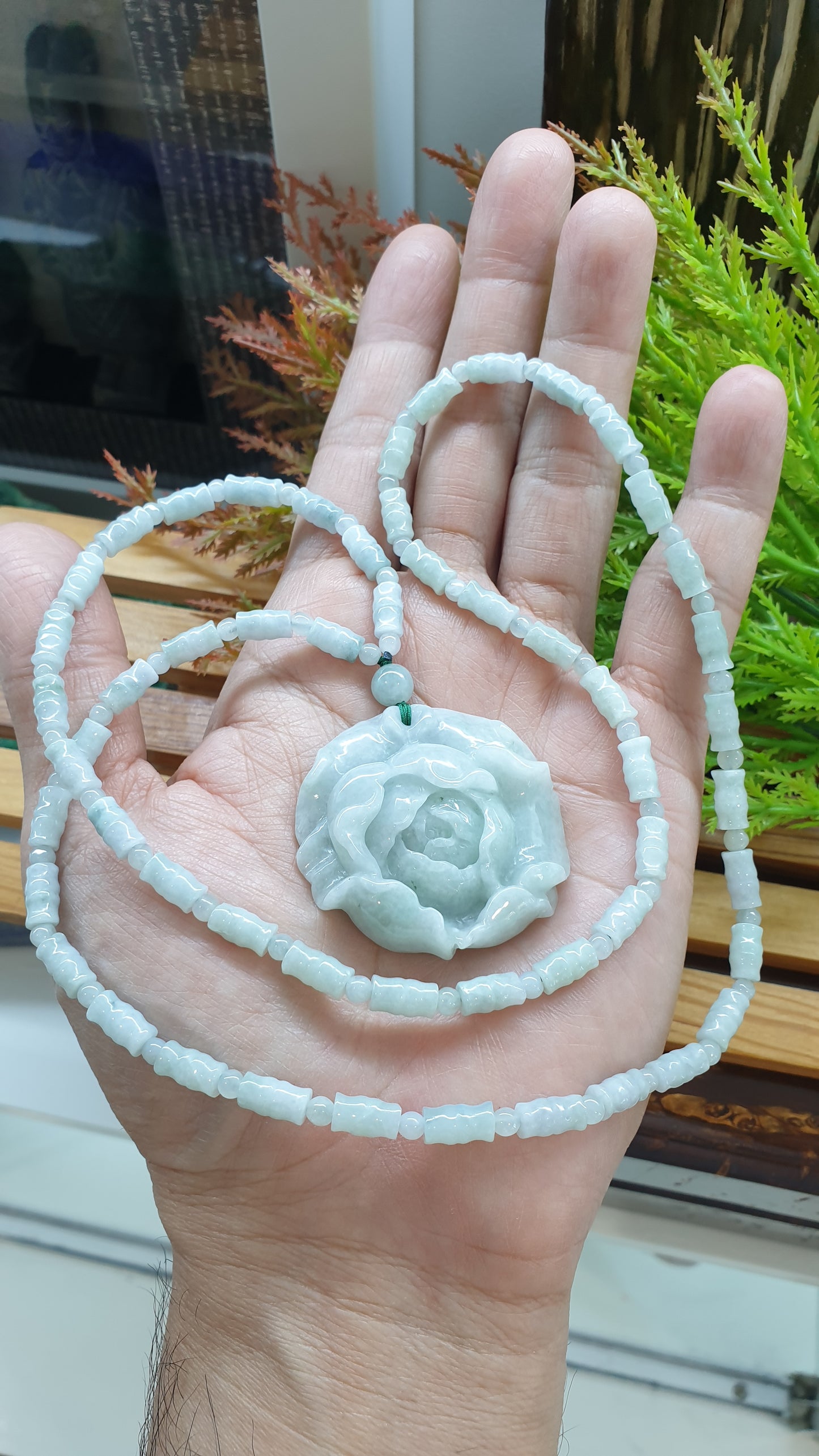 Peony and Bamboo Beads White Jade Necklace 26inch Type A Myanmar Jadeite