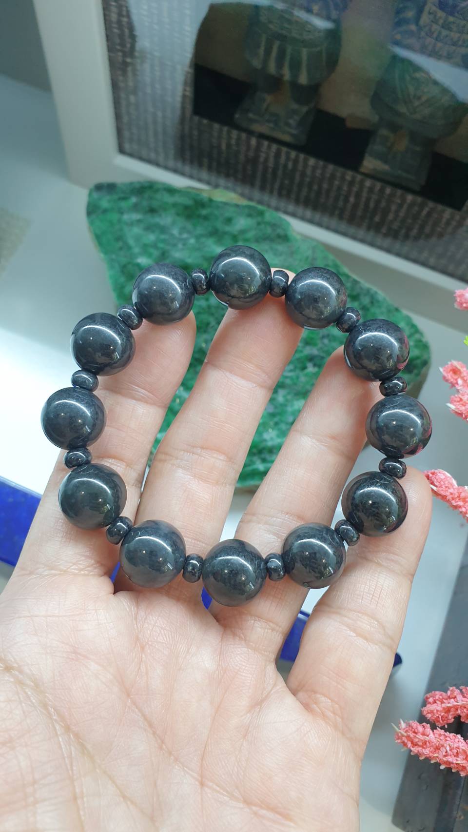 Black Jade Bracelet 17cm Spaced Beads Type A Natural Myanmar Jadeite