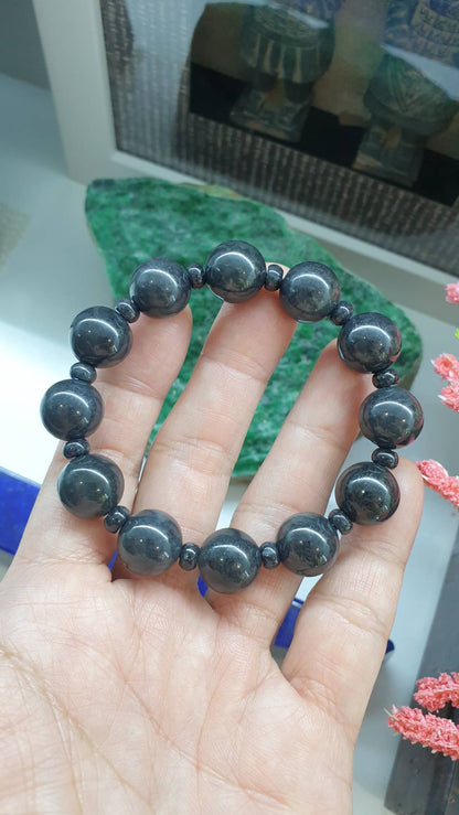 Black Jade Bracelet 17cm Spaced Beads Type A Natural Myanmar Jadeite