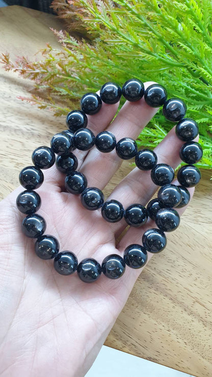 Hypersthene Bracelet 17cm Natural Black Semiprecious Stone with Silvery Sheen