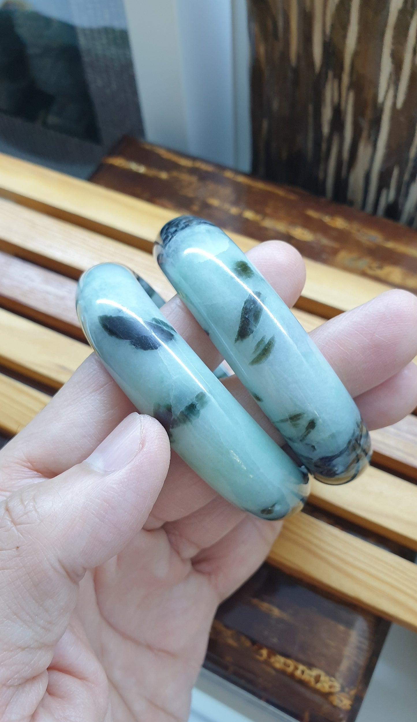 Paired Jade Bangles S59 Type A Blue Green Jadeite Lavender Tone