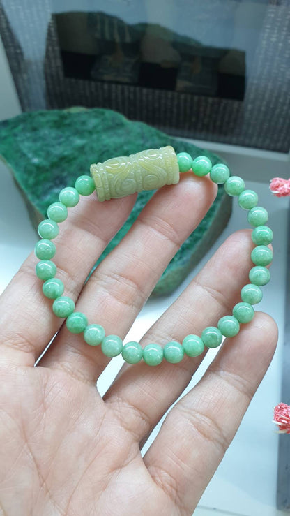Apple Green Jade Beads Bracelet 17cm Ru Yi Cylinder Charm Type A Myanmar Jadeite