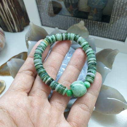 Stacked Ping An Kou Jade Bracelet | Moss in Snow Barrel Bead Charm | His or Hers Natural Jadeite Bracelet with Deep Meanings