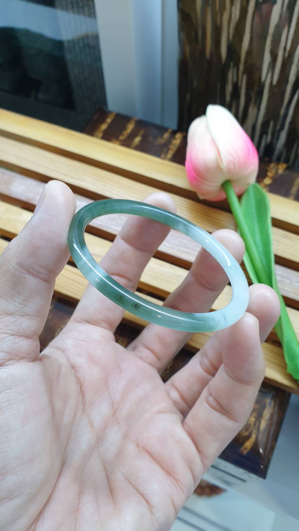 Green Fei Cui Jade Cylindrical Bangle S57 Type A Natural Jadeite Two Tone