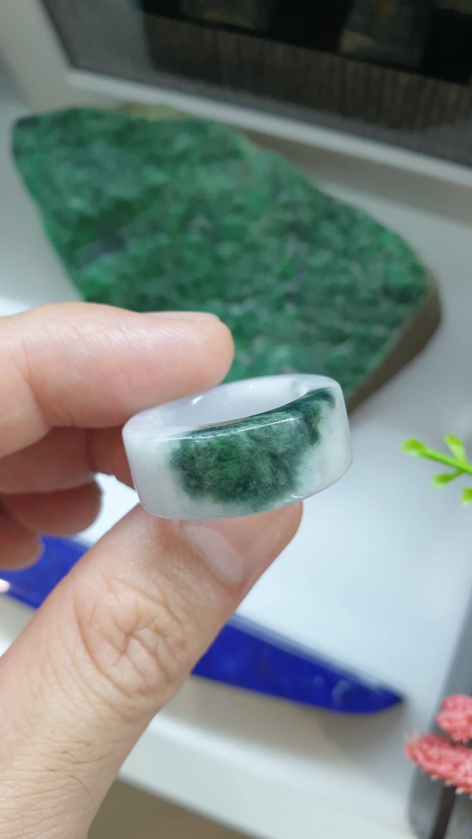 White Jade Ring 8.5US Natural Green Moss Fei Cui Type A Myanmar Jadeite