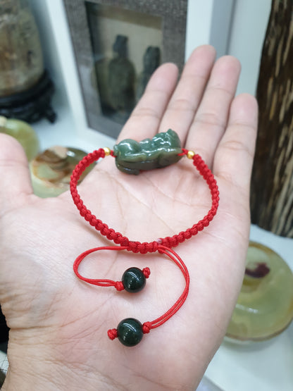 Jade Pixiu Red Thread Bracelet (Adjustable) | Pure 24K Gold Beads | Fei Cui - Natural Jadeite