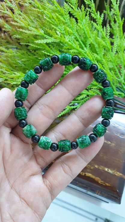 Natural Type A Jadeite Bracelet - Green Cylinder - Black Spacer Beads