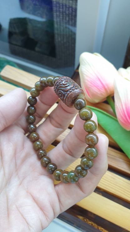 Vintage Brown Jade Wish Fulfilling Bracelet 17cm Ru Yi Cylinder Charm Natural Jadeite