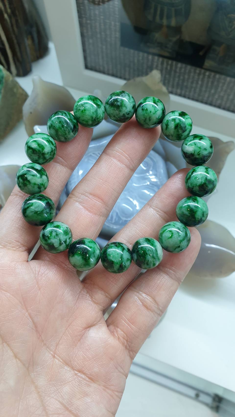 Jade Vintage Beads Bracelet (17 cm) | Marbled Green, Type A Natural Jadeite | Collector's Item