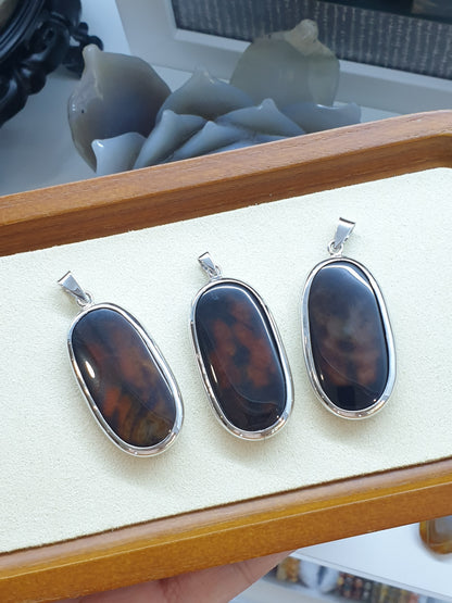 Fire Agate Dog Tag Pendant (Selection) | Natural Stone & Authentic Sterling Silver | His or Hers Gift Idea