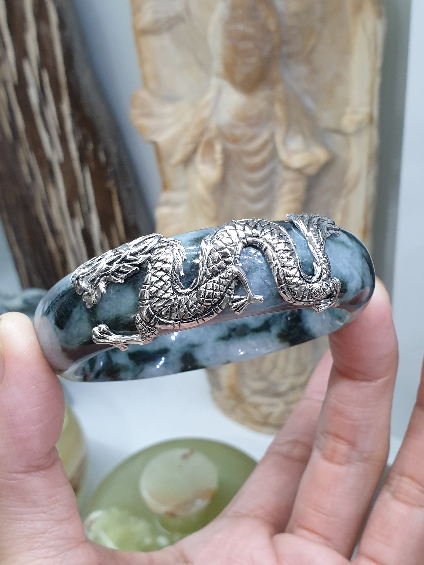 Fortune Dragon Jade Bangle (S 59) | Sterling Silver | Type A Natural Jadeite | Statement Wrist Accessory