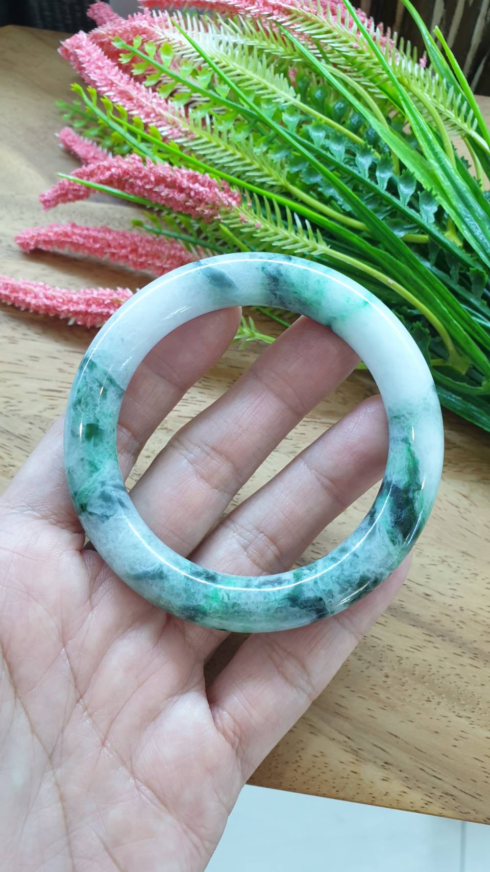Jade Cylindrical Bangle S58 Marbled Green Fei Cui Type A Natural Jadeite