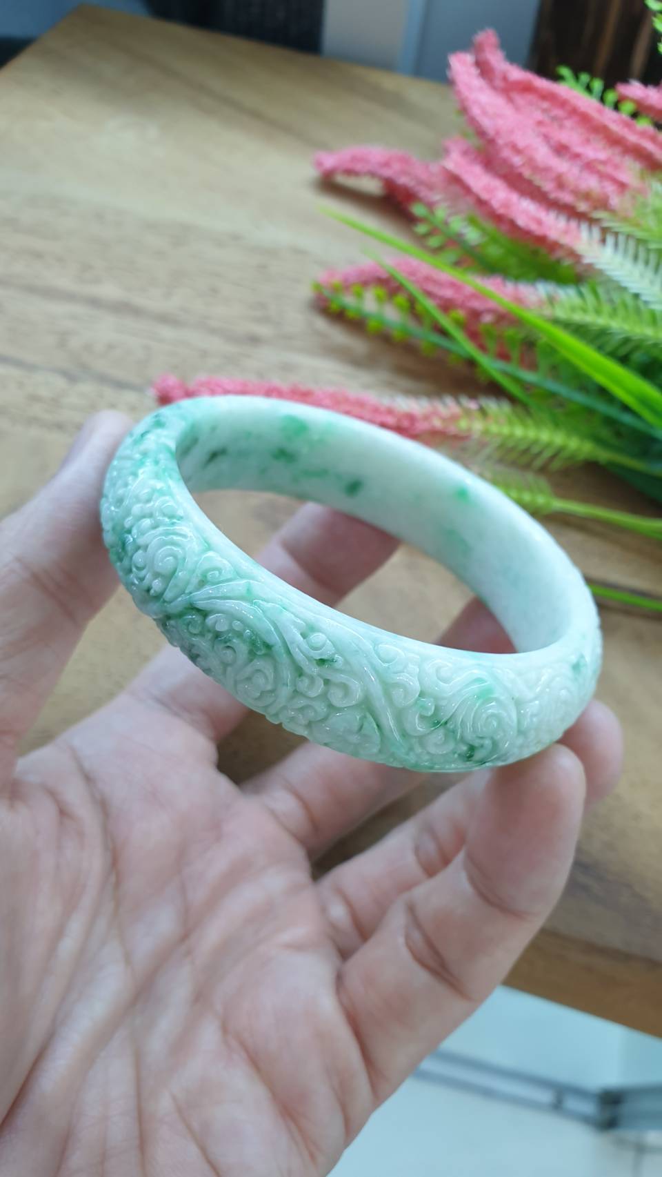 Carved Moss in Snow Jade Ru Yi Bangle S59 Type A Myanmar Jadeite Floral