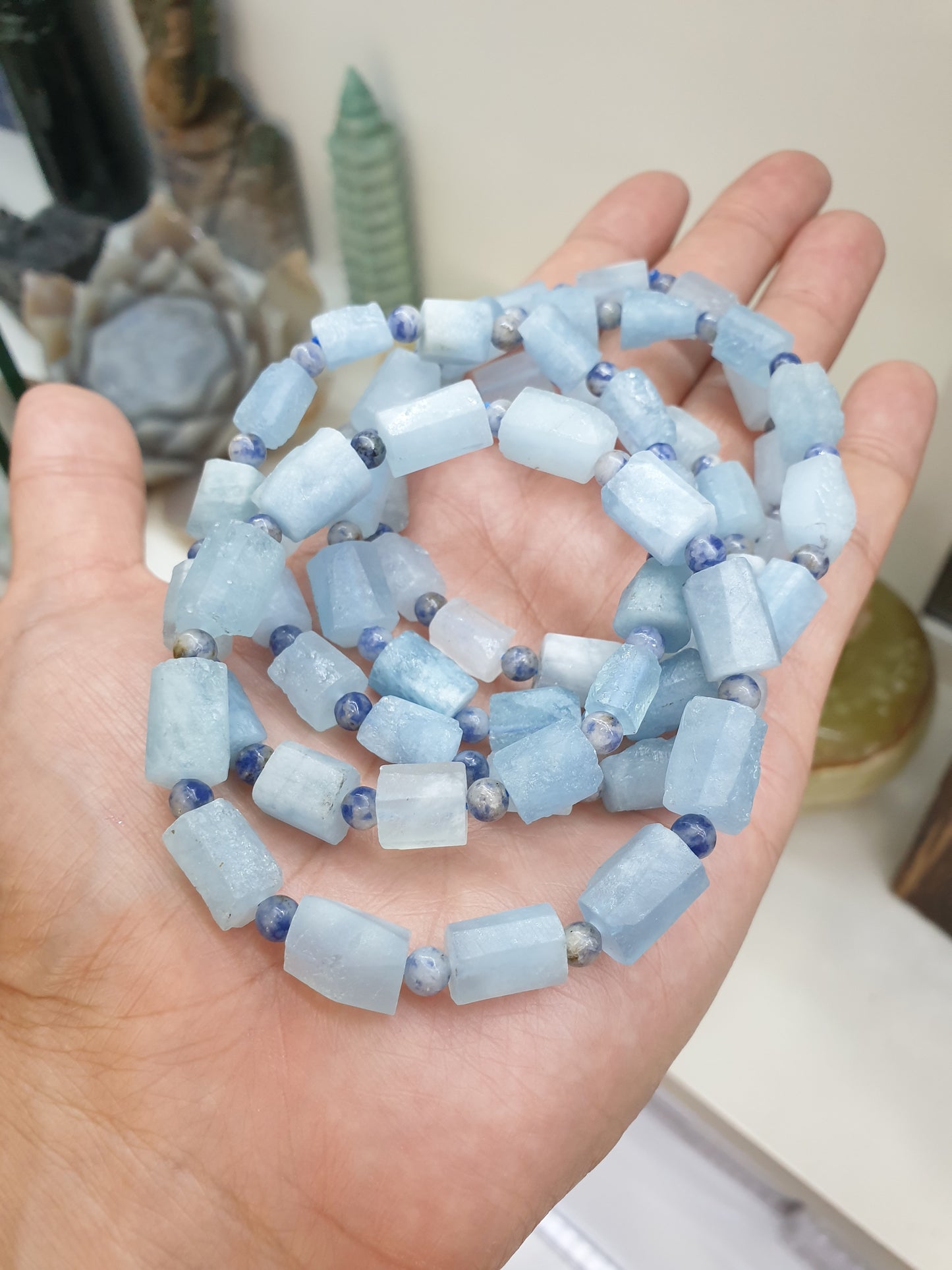 Aquamarine Stretch Bracelets 17cm, Natural Gemstone Rugged Cylinder Beads