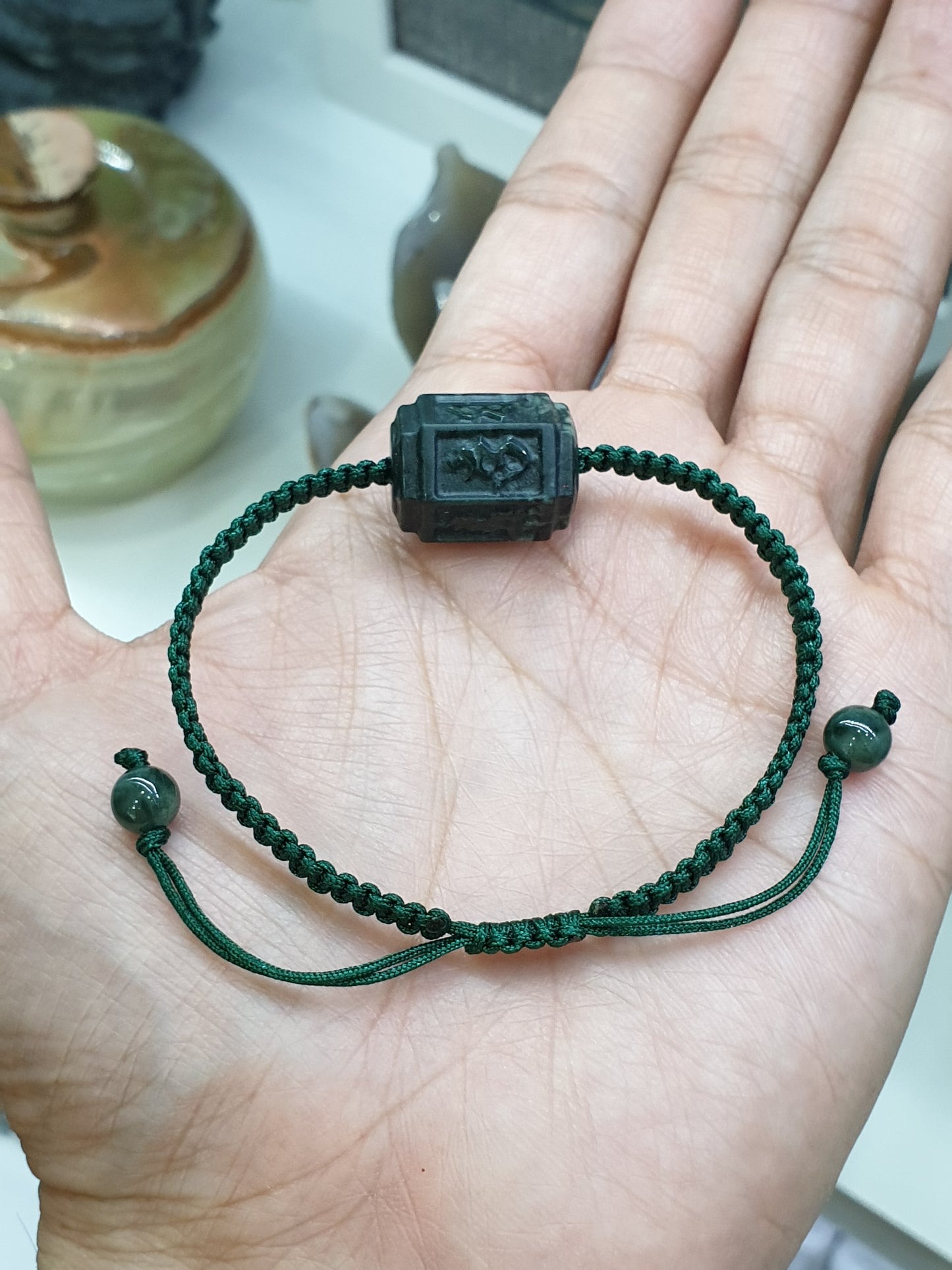Type A Black Jade Mani Mantra Woven Bracelet and Charm 17cm
