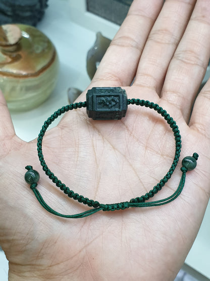 Type A Black Jade Mani Mantra Woven Bracelet and Charm 17cm