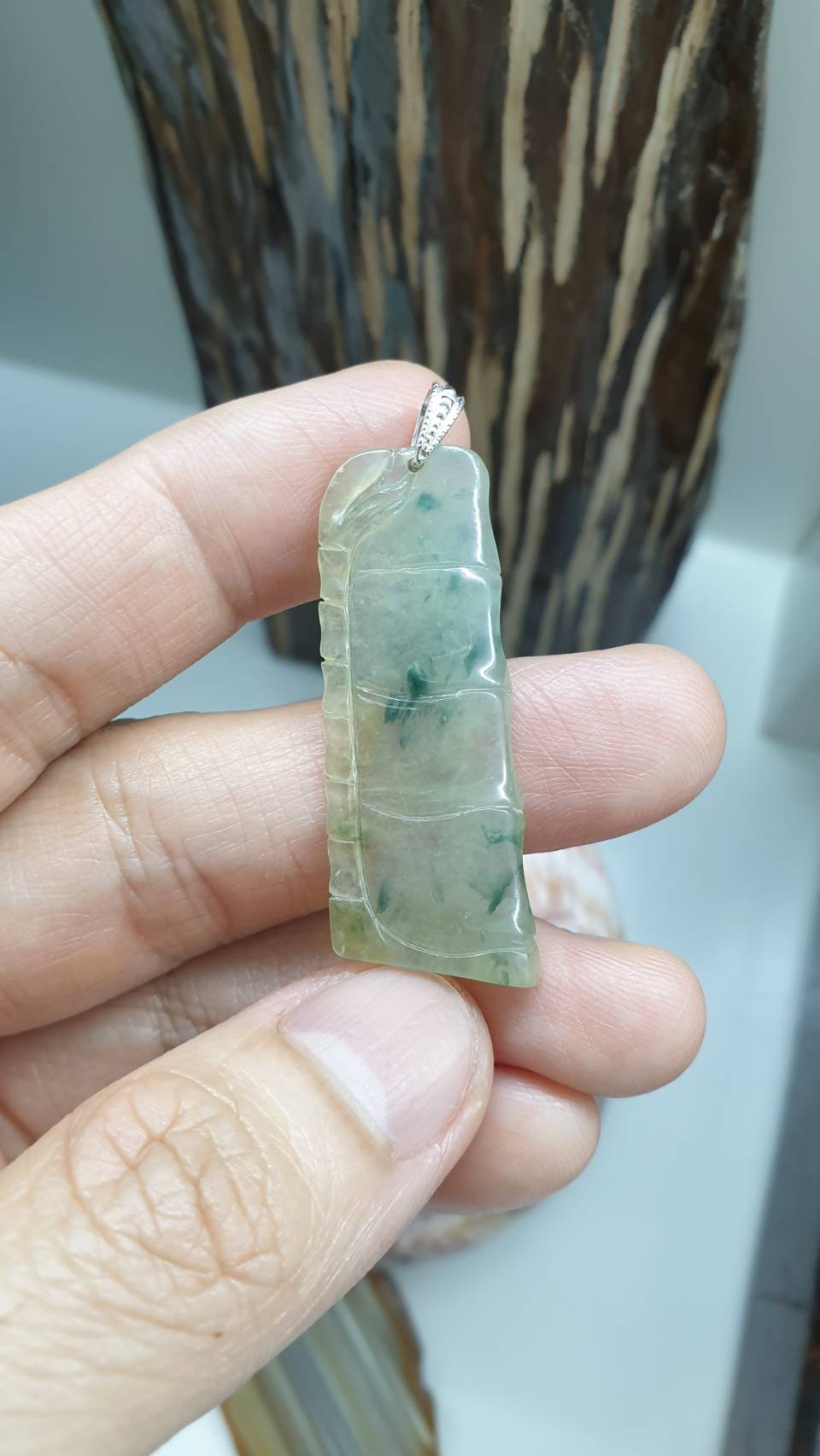 Jade Bamboo Pendant | Fei Cui - Type A Jadeite | Sterling Silver Bail