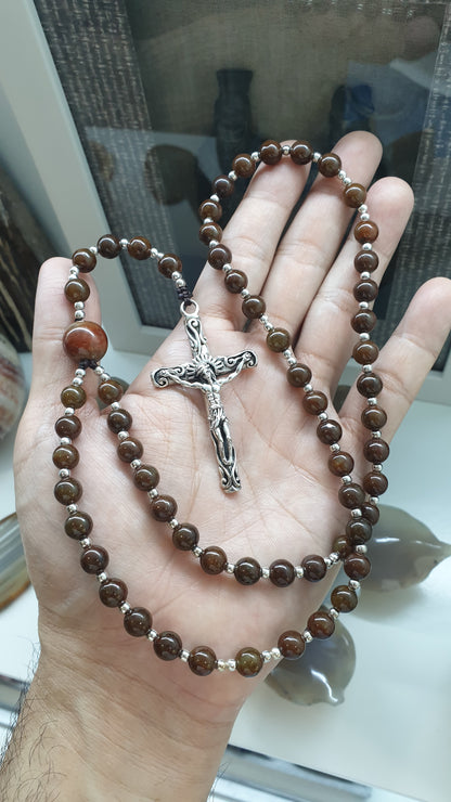 Brown Jade Rosary - 29 inch - Natural Jadeite Vintage Beads - Sterling Silver Crucifix