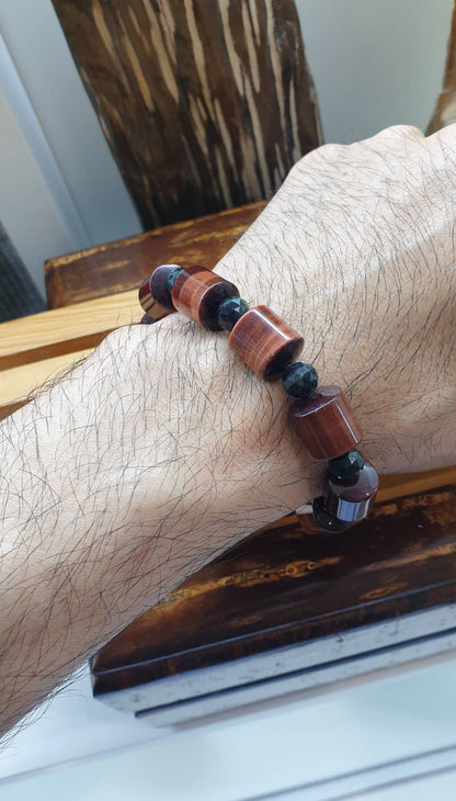 Red Tiger Eye Bracelet 18 cm - Cylinder Beads, Natural Black Jade Spacers