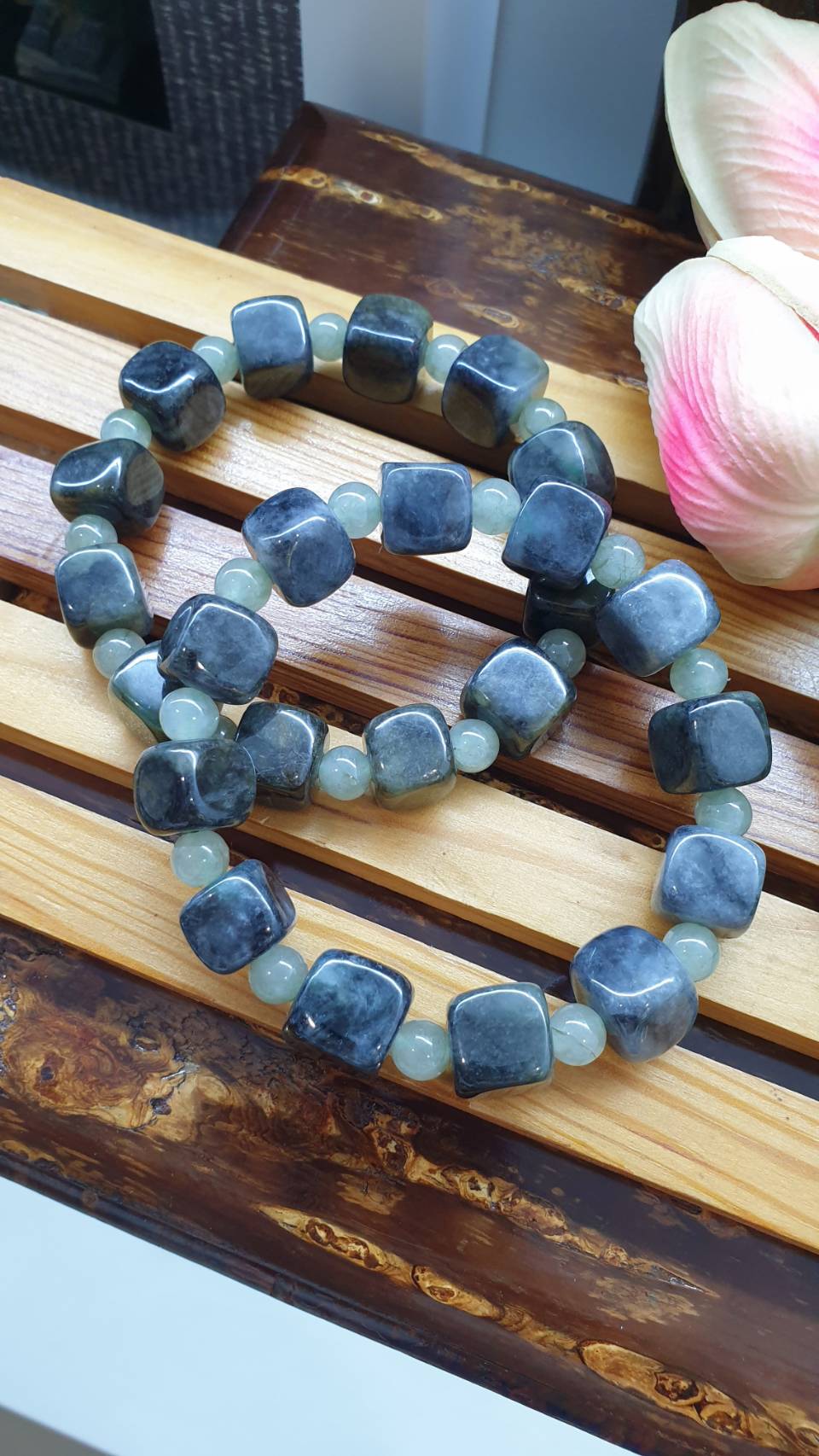 Cube Mabled Black Jade Bracelet 17cm Type A Natural Jadeite Spaced Beads