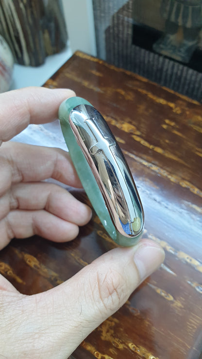 Elegant Cross on Jade Bangle (S 54) | Fei Cui Type A Jadeite & Sterling Silver | Statement Wrist Accessory