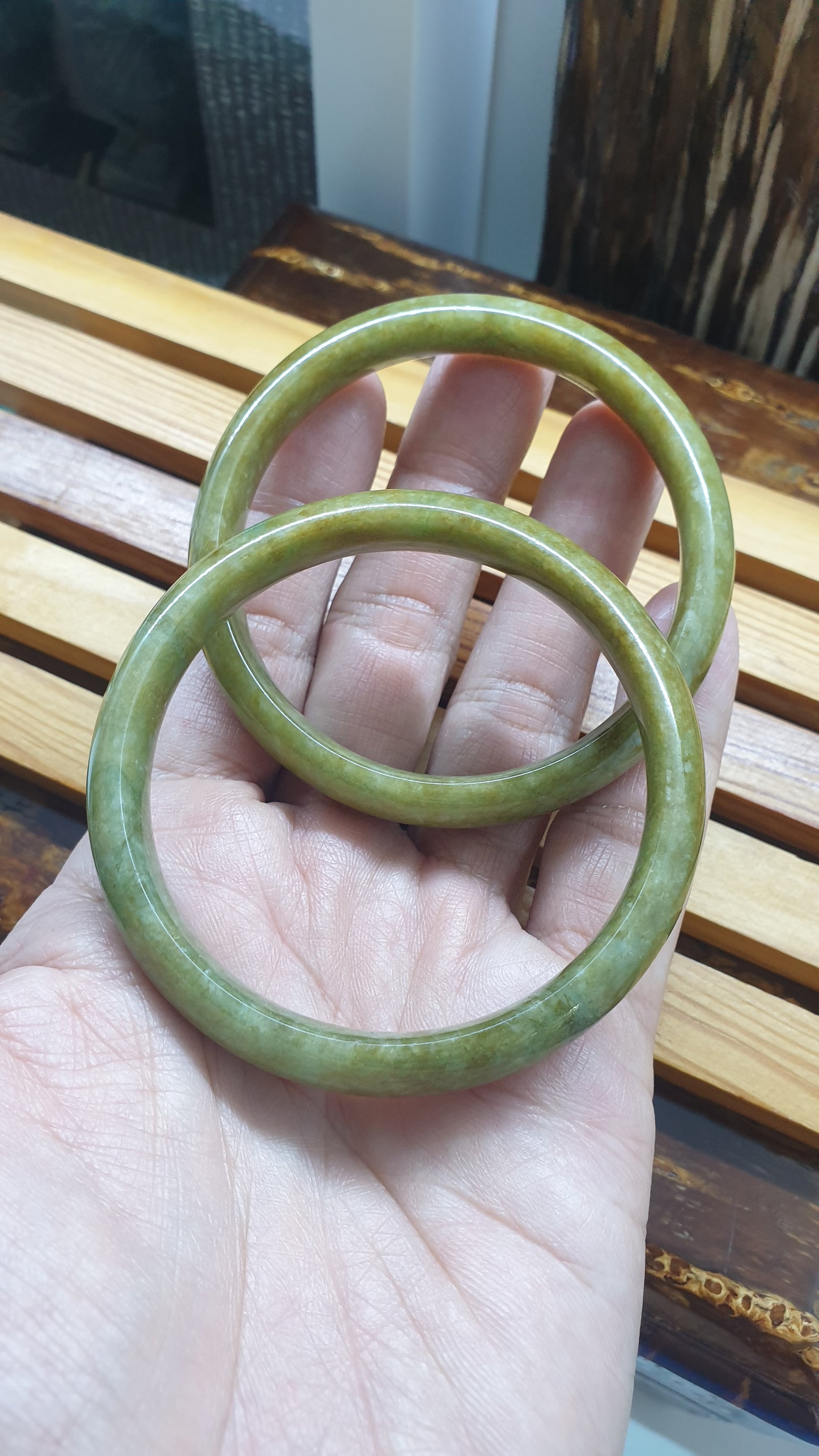 Paired Honey Green Jade Bangles S59 Vintage Type A Myanmar Jadeite