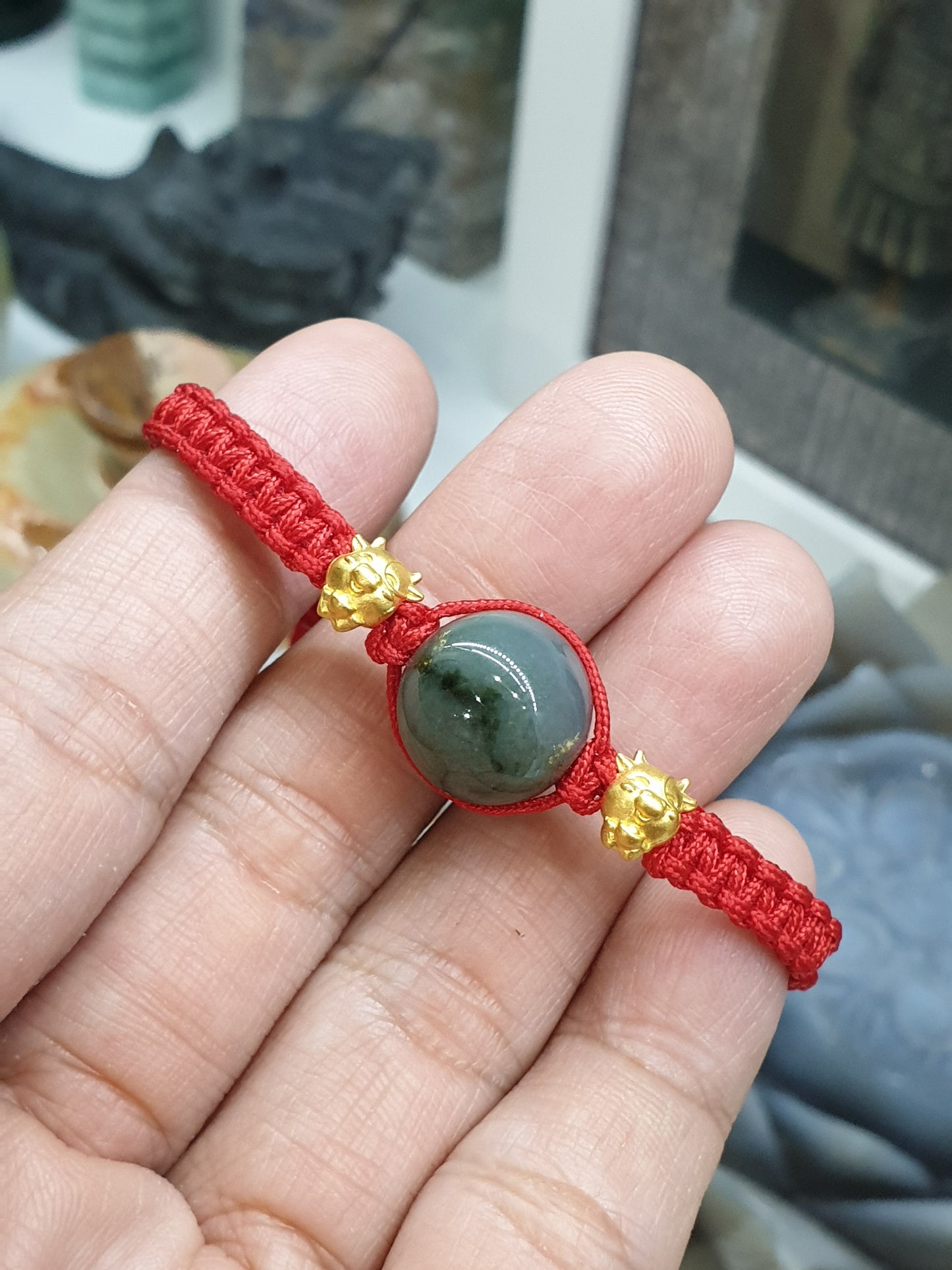 Jade Bead & Gold Lucky Charm in Red Thread Bracelet (Adjustable) | Pure 24K Gold | Fei Cui - Type A Jadeite