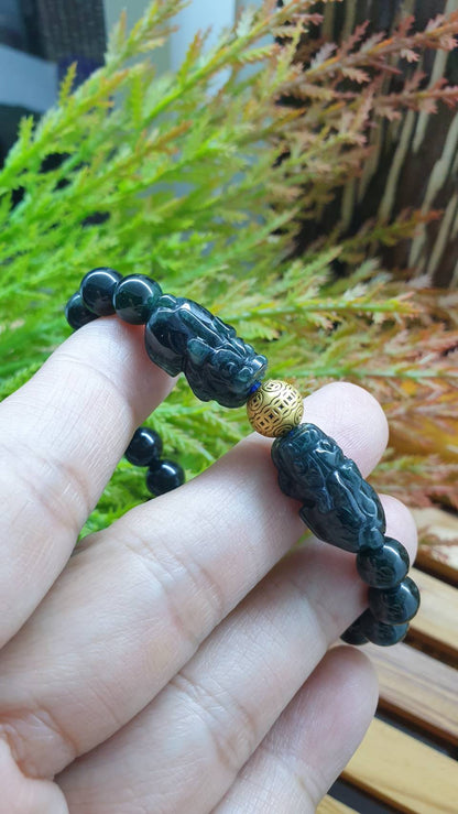 24K Gold Money Bead Ocean Blue Jade Pixiu Bracelet 17cm Type A Natural Jadeite