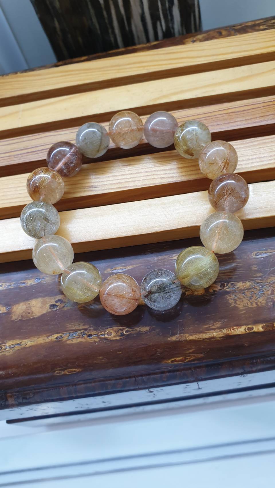Multicolor Rutilated Quartz Bracelet 18 cm, Natural Quartz Beads 14.5 mm
