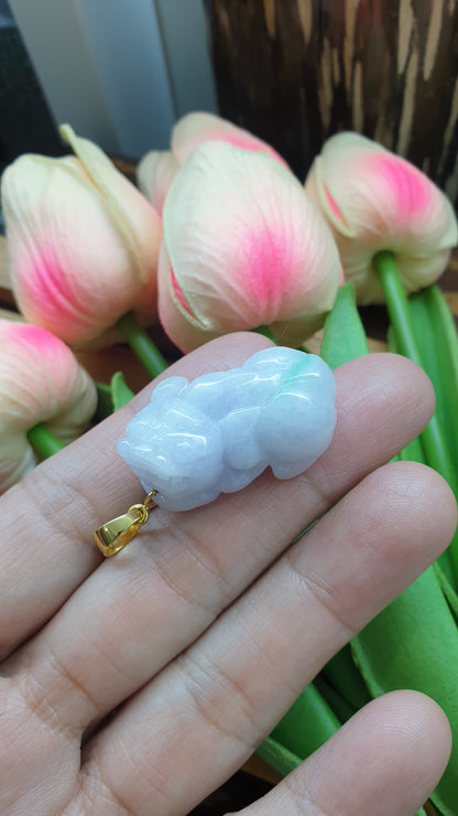 18K Gold Jade Pixiu Pendant Silky Lavender Fei Cui Myanmar Jadeite