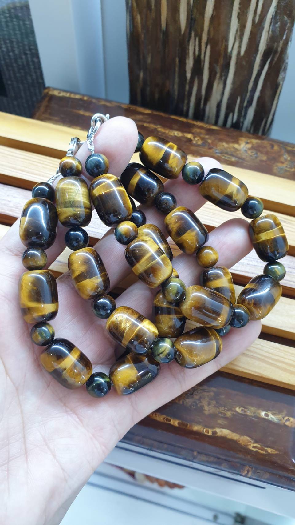 Tiger Eye Bracelets with Lobter Locks, 18 cm - Natural Stone Cylinder Beads