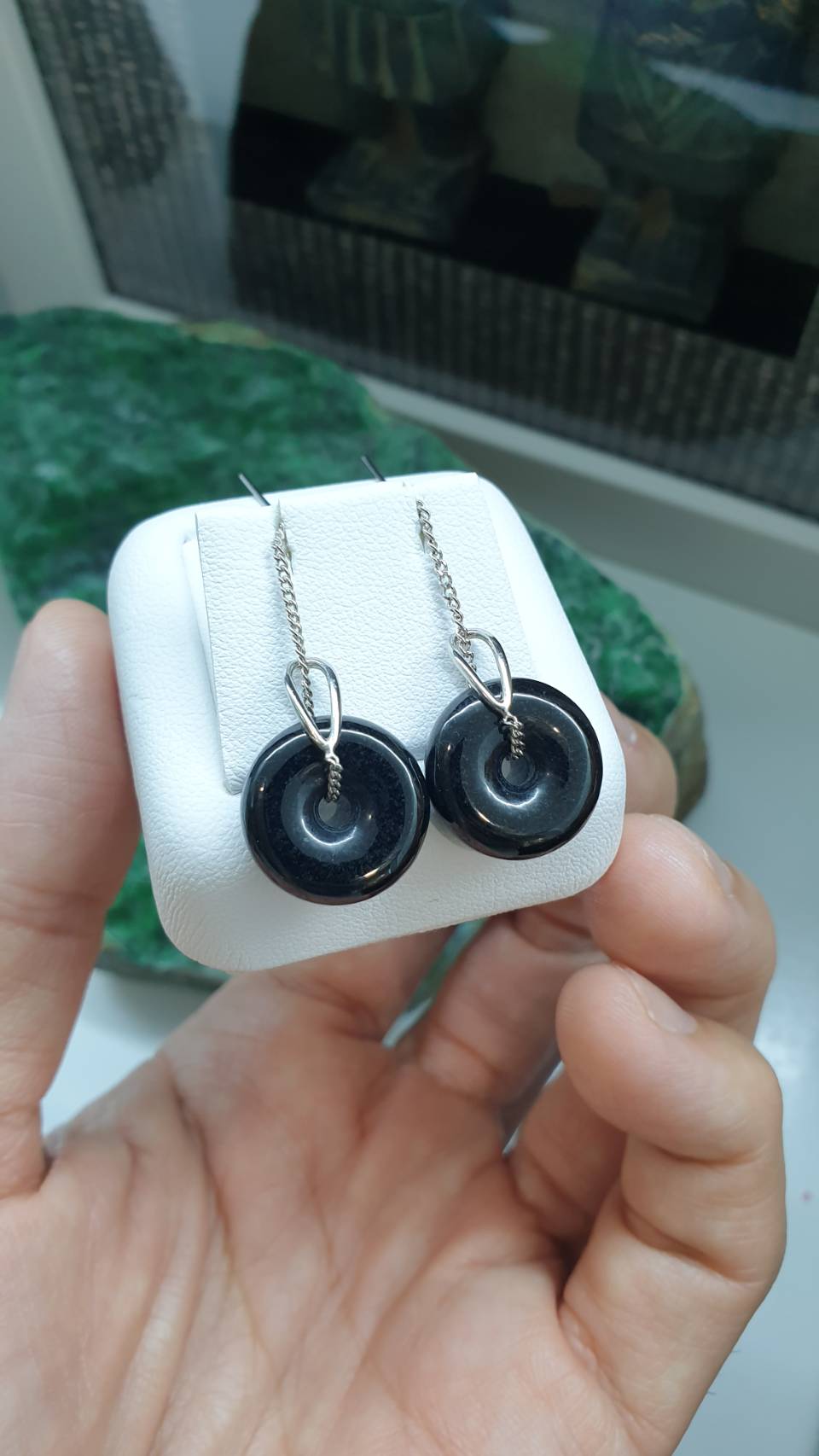 Ping An Kou Jade Sterling Silver Threader Earrings (40mm) Type A Natural Black Jadeite