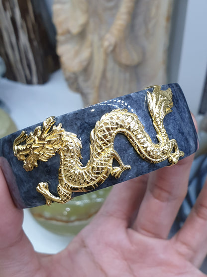 Fortune Dragon on Black Jade Bangle (S 63) | Sterling Silver | Type A Natural Jadeite | Statement Wrist Accessory