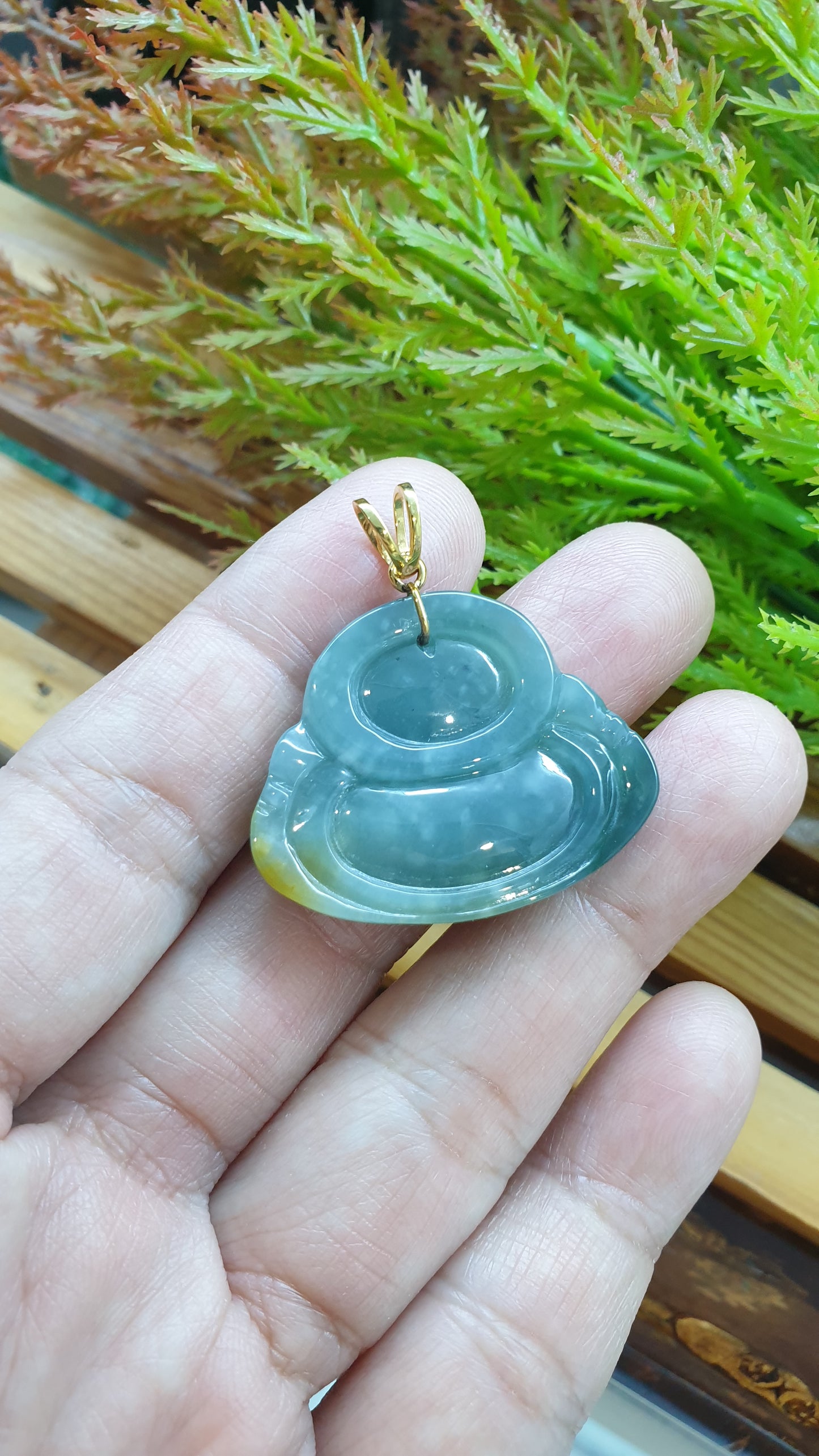 14K Solid Gold Jade Budai Prosperity Pendant Type A Natural Honey Blue Jadeite
