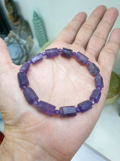 Amethyst Stretch Bracelets 17cm, Natural Gemstone Rugged Cylinder Beads
