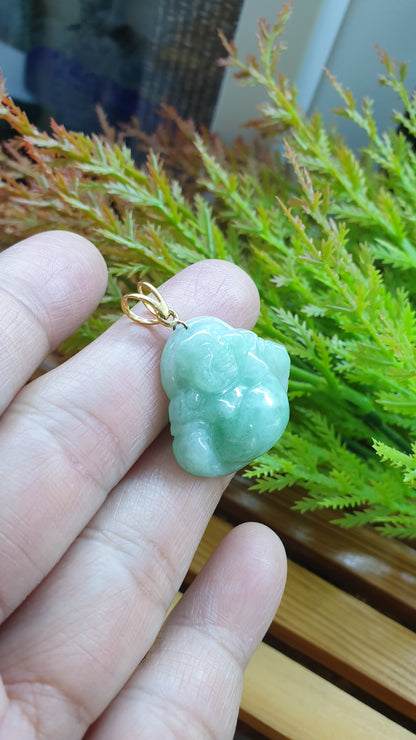 14K Solid Gold Jade Budai Prosperity Pendant Type A Natural Soft Green Jadeite