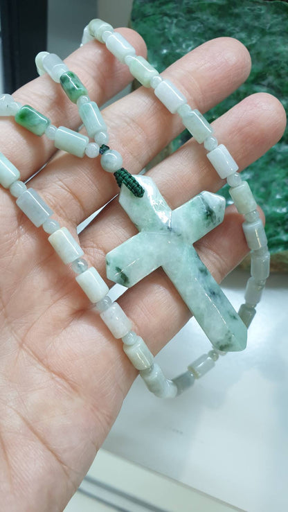 Cross Jade Beaded Necklace 26inch Fei Cui Type A Natural Myanmar Jadeite