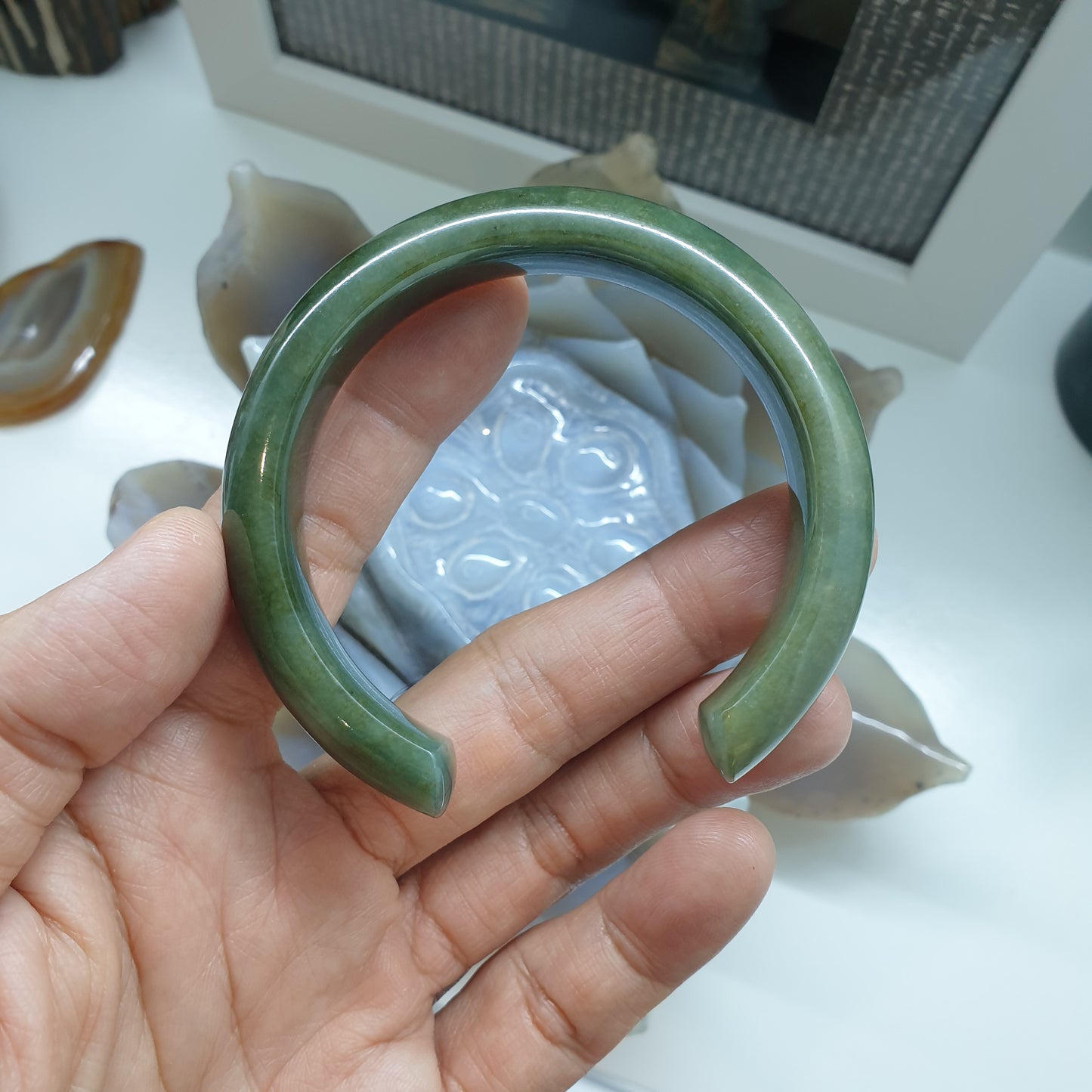 Jade Cuff Bangle Size 58 - 59 Type A - Natural Leaf Green Jadeite