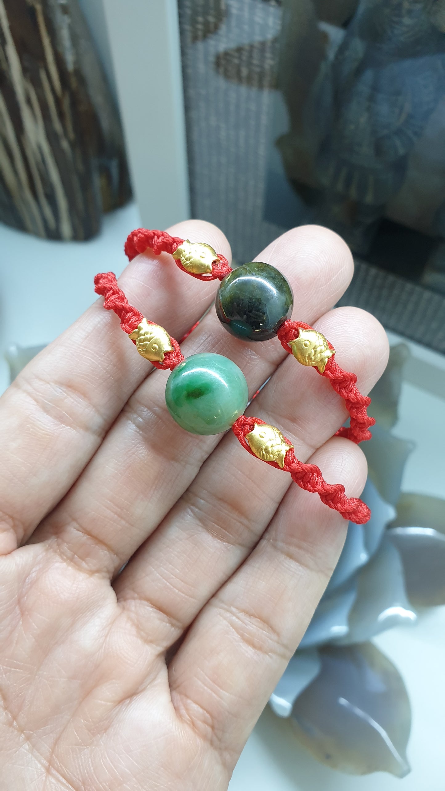 Jade & Koi Fish Red Thread Bracelet (Adjustable) | Pure 24K Gold | Fei Cui - Type A Jadeite