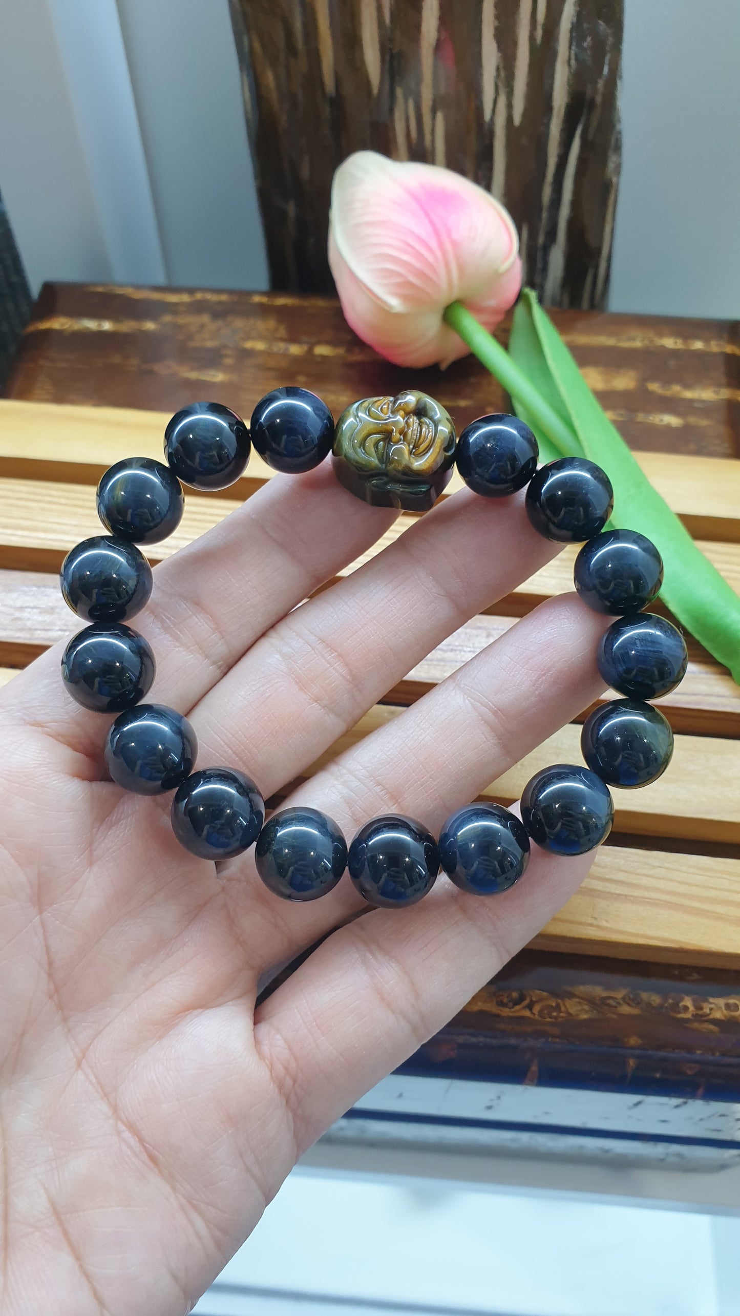 Tiger Eye Happy Buddha Prosperity Bracelets 17cm - Natural Stone Beads