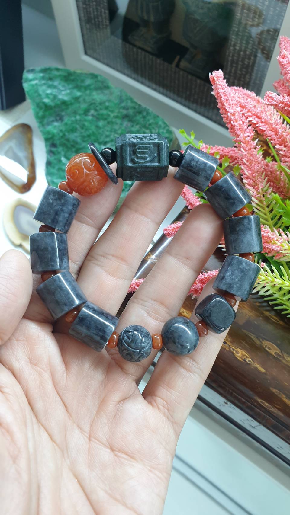 Type A Black Jadeite Bracelet 17cm with Mixed Beads and Red Jade Accents